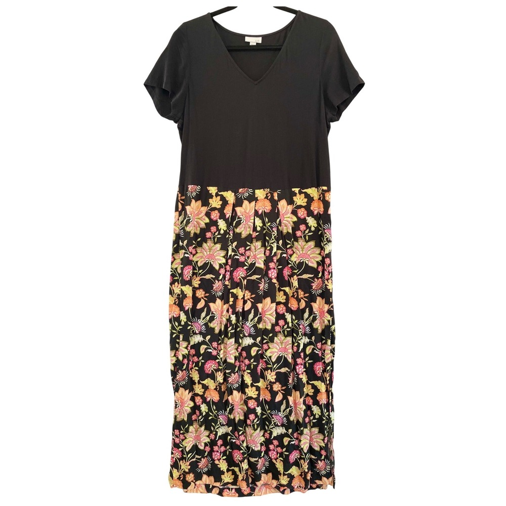 J. Jill Maxi Dress Women Medium Black Floral Mixed Media Short Sleeve V-Neck Sli